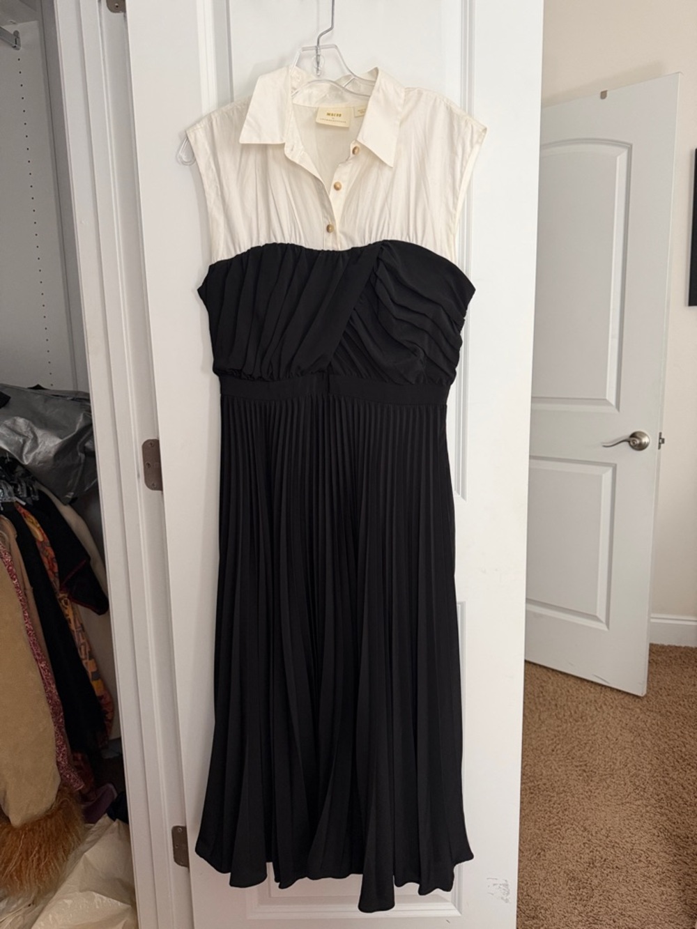 Maje Two-Tone Strapless Pleated Midi Dress - Black & Cream from Anthropologie